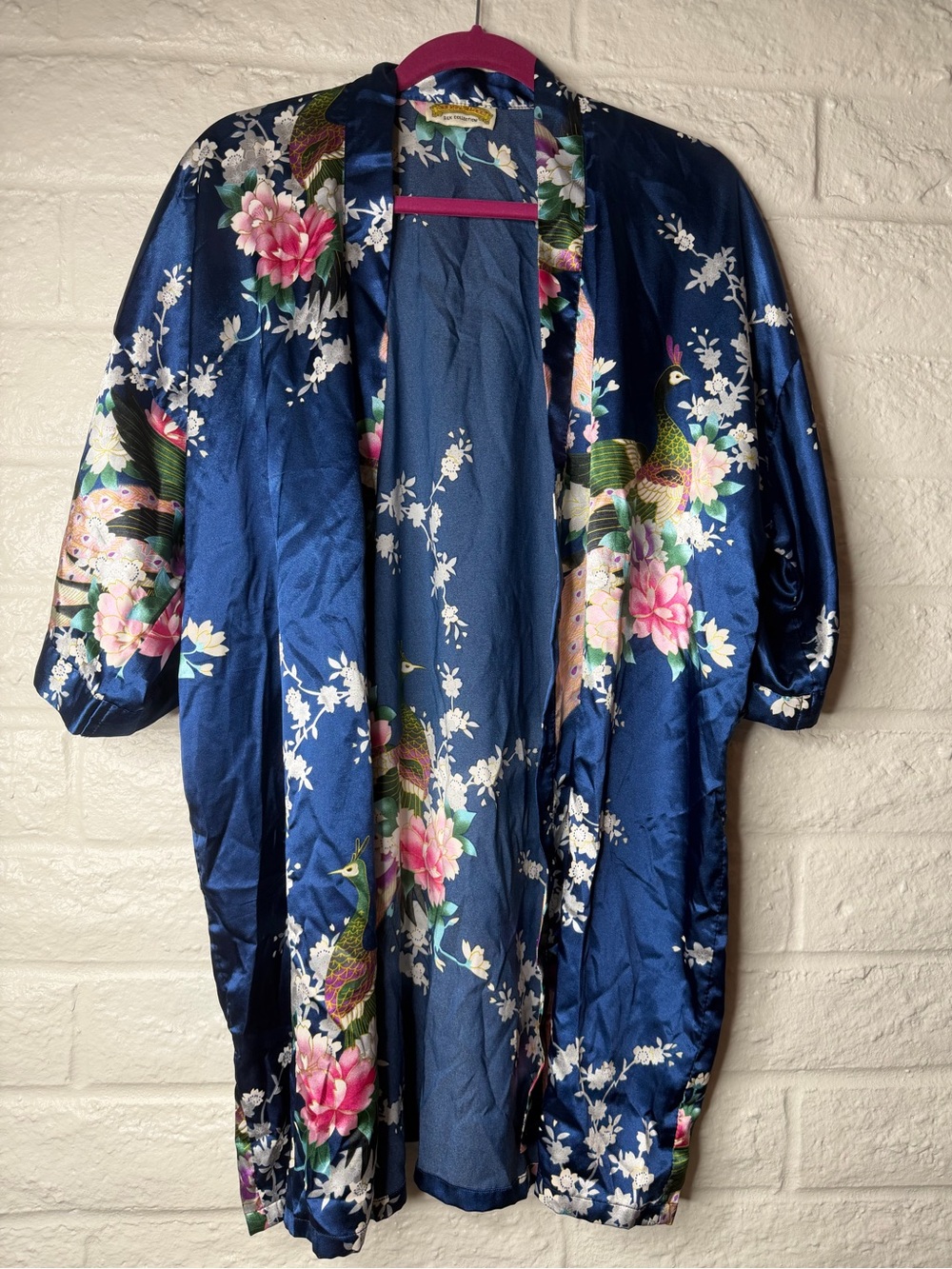 Vintage Oriental Village Silk Collection Royal Blue Peacock Kimono missing belt